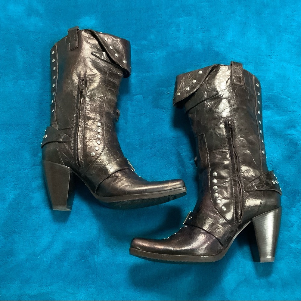 ORORO distressed leather studded buckle Boots - Picture 4 of 16